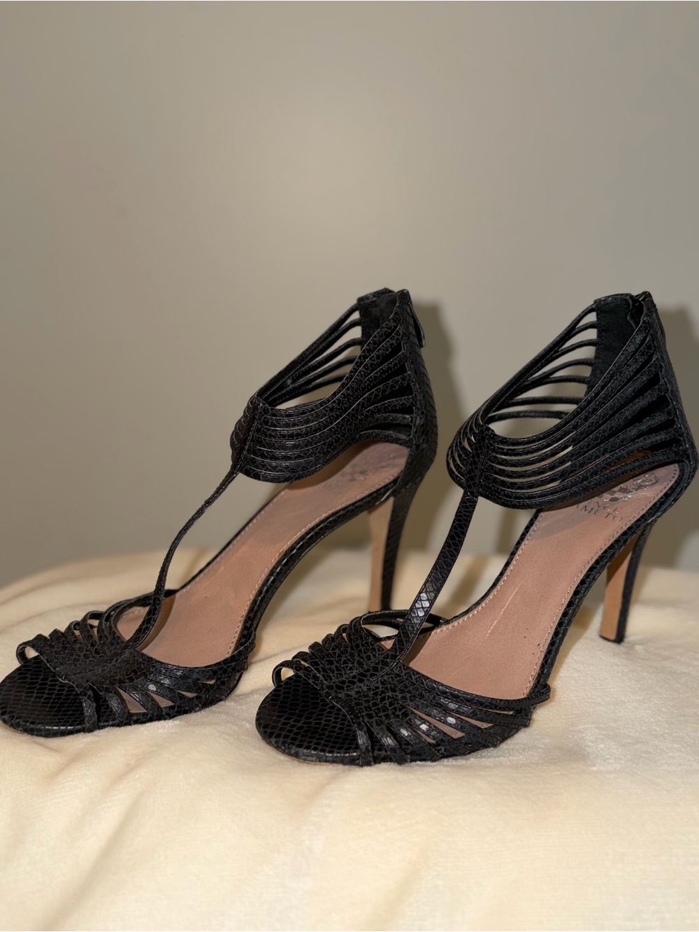 Vince Camuto Black Snake-Embossed Strappy Stiletto Heels with Back Zip